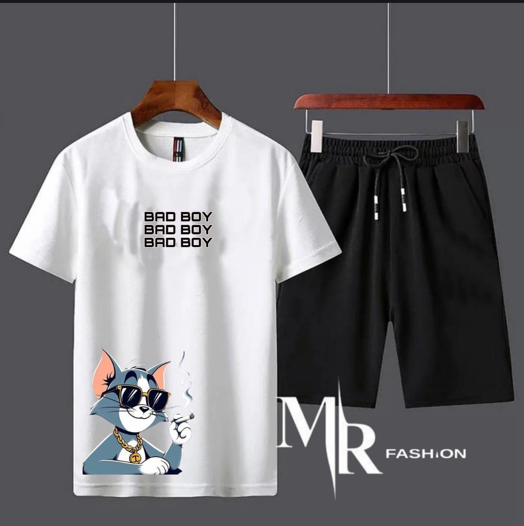 2 Pcs Men’s Cotton Printed T-Shirt & Shorts Tracksuit – Casual Summer Set (White)