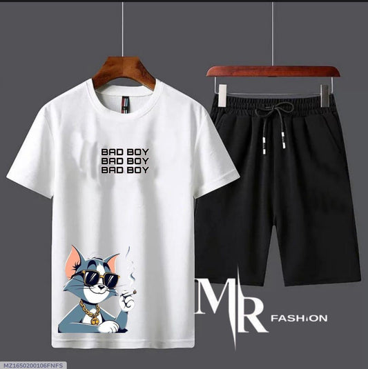 2 Pcs Men’s Cotton Printed T-Shirt & Shorts Tracksuit – Casual Summer Set (White)