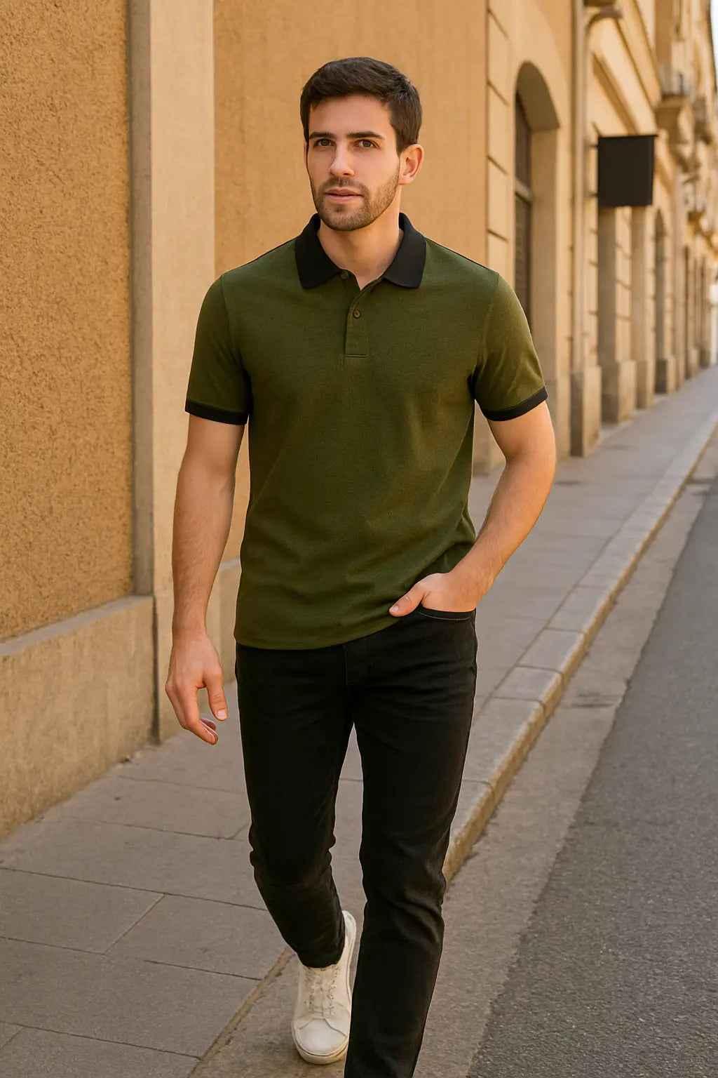 Men’s Olive Green Polo Shirt with Black Accents – Half Sleeves Casual Wear