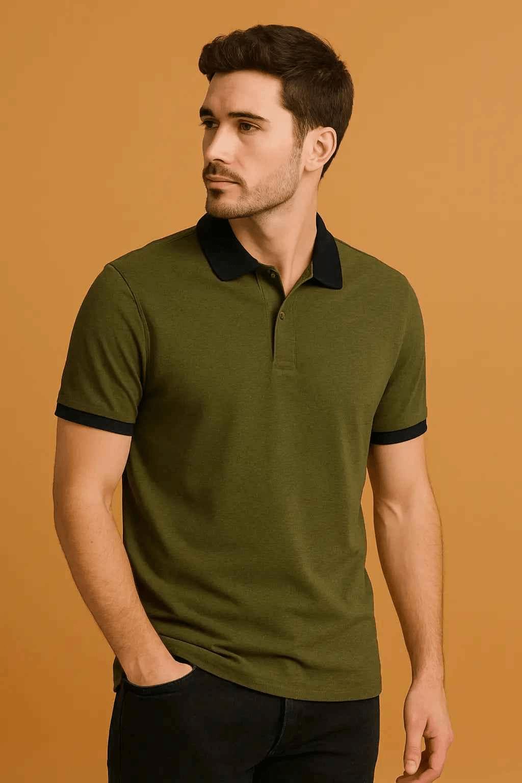 Men’s Olive Green Polo Shirt with Black Accents – Half Sleeves Casual Wear