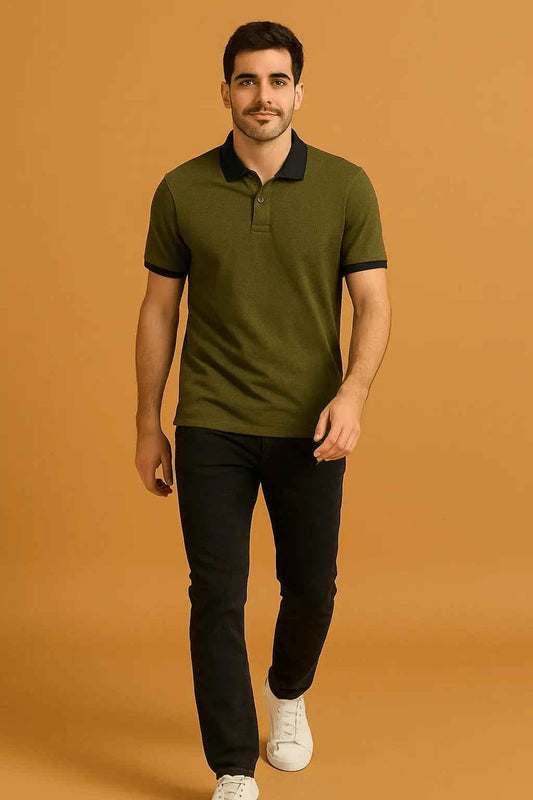 Men’s Olive Green Polo Shirt with Black Accents – Half Sleeves Casual Wear